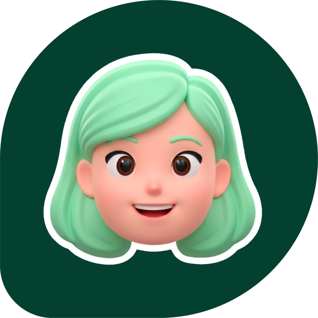 Logotipo Synca - Personagem feminina 3D com cabelo verde sorrindo amigávelmente